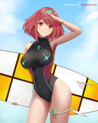 Rule 34 | 1girl, armpits, arms up, artist name, bare arms, bare shoulders, black one-piece swimsuit, blue sky, blush, breasts, closed mouth, collarbone, competition swimsuit, contrapposto, cowboy shot, dakkalot, day, earrings, female focus, gem, holding, jewelry, large breasts, looking at viewer, matching hair/eyes, neon trim, nintendo, one-piece swimsuit, outdoors, patreon username, pyra (pro swimmer) (xenoblade), pyra (xenoblade), red eyes, red hair, salute, short hair, sky, smile, solo, surfboard, swimsuit, thighs, tiara, xenoblade chronicles (series), xenoblade chronicles 2