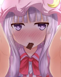 Rule 34 | 1girl, blush, chocolate, commentary request, crescent, crescent hair ornament, foreshortening, hair ornament, hands on another&#039;s face, hat, heart, heart-shaped pupils, incoming kiss, long hair, looking at viewer, mob cap, mouth hold, outstretched arms, palms, patchouli knowledge, pov, purple eyes, purple hair, ram hachimin, solo, symbol-shaped pupils, touhou