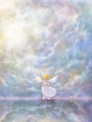 Rule 34 | 1girl, absurdres, bad id, bad pixiv id, bare shoulders, blonde hair, blush, cloud, collarbone, dress, energy ball, closed eyes, female focus, highres, nucomas, original, outdoors, ripples, short hair, sky, smile, solo, wading, water, white dress, wings