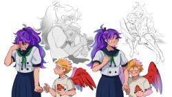 Rule 34 | 1boy, 1girl, aged down, blonde hair, blue skirt, boku no hero academia, character doll, child, closed eyes, closed mouth, commentary, crying, daniartonline, doll, endeavor (boku no hero academia), english commentary, feathered wings, hawks (boku no hero academia), highres, holding, holding doll, holding hands, hug, lady nagant, long hair, looking at another, multicolored hair, open mouth, ponytail, purple hair, red wings, school uniform, scratches, serafuku, shirt, short hair, short sleeves, simple background, sitting, skirt, standing, two-tone hair, white background, white shirt, wings