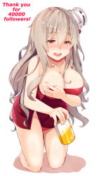 Rule 34 | 10s, 1girl, :d, beer can, blush, breasts, can, cleavage, collarbone, covering breasts, covering privates, drink can, drunk, english text, eyebrows, grey hair, hair between eyes, hat, highres, kantai collection, kneeling, large breasts, long hair, meth (emethmeth), milestone celebration, naked towel, open mouth, pola (kancolle), purple eyes, shadow, simple background, smile, solo, teeth, thick eyebrows, towel, wet, white background