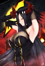 Rule 34 | 1girl, absurdres, arms behind head, arms up, azur lane, black dress, black hair, breasts, buttons, detached sleeves, double-breasted, dress, friedrich der grosse (azur lane), from side, gloves, gold trim, highres, horns, large breasts, long hair, mechanical horns, red gloves, red horns, see-through, shiraishiakina, smile, solo, very long hair, yellow eyes