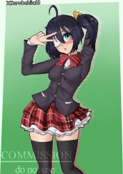 Rule 34 | arm up, black hair, blue eyes, blush, bow, breasts, checkered clothes, checkered skirt, cross, eyepatch, hair bow, highres, kurodahlia18, necktie, open mouth, salute, school uniform, side ponytail, skirt, small breasts, takanashi rikka, thighhighs, two-finger salute, uniform