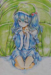 Rule 34 | 1girl, absurdres, backpack, bad id, bad pixiv id, bag, blue eyes, blue hair, blush, boots, collarbone, colored pencil (medium), fingers together, hair bobbles, hair ornament, hat, highres, index fingers together, kawashiro nitori, kitazinger, long sleeves, looking away, matching hair/eyes, off shoulder, open clothes, open shirt, shirt, short hair, sitting, solo, touhou, traditional media, twintails, two side up, v arms, wariza, wide sleeves
