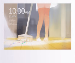Rule 34 | 1girl, barefoot, broom, floor, hjl, indoors, original, solo, sweeping, time, wooden floor