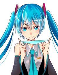 Rule 34 | 1girl, aqua eyes, aqua hair, asanome, detached sleeves, hatsune miku, holding, holding clothes, holding panties, holding underwear, long hair, necktie, panties, smile, solo, striped clothes, striped panties, twintails, underwear, vocaloid, white background