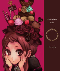 Rule 34 | 1girl, :o, artist name, brown eyes, brown hair, chocolate, doughnut, english text, flower, food, food as clothes, fruit, happy birthday, heart, ice cream, macaron, oyuyamio, pocky, simple background, solo, sprinkles, strawberry, upper body