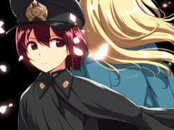 Rule 34 | 1boy, 1girl, atago (kancolle), blonde hair, brown eyes, brown hair, cape, cherry blossoms, close-up, hat, high heels, kantai collection, kloah, little boy admiral (kancolle), long hair, magic knight rayearth, parody, serious, uniform