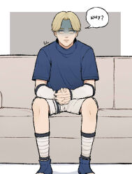 1boy armin_arlert artist_name bandaged_leg bandages blonde_hair blue_footwear blue_shirt border cosplay couch detached_sleeves english_text grey_background lida_(lidalida04) male_focus naruto_(series) own_hands_clasped own_hands_together parted_bangs shaded_face shingeki_no_kyojin shirt short_hair short_sleeves sitting solo speech_bubble toeless_footwear turtleneck uchiha_sasuke uchiha_sasuke_(cosplay) white_border white_eyes white_footwear white_sleeves