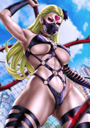 Rule 34 | 1girl, abs, arm up, armpits, asymmetrical clothes, asymmetrical footwear, asymmetrical legwear, black sclera, black socks, blonde hair, blurry, bondage outfit, boots, braid, breasts, breasts apart, chain, collar, colored sclera, covered erect nipples, covered mouth, cowboy shot, crotch zipper, dandon fuga, day, depth of field, detached sleeves, dominatrix, earrings, elbow gloves, facial mark, flower, forehead mark, french braid, from below, gloves, gluteal fold, hair flower, hair ornament, halterneck, heart o-ring, heart ring top, highres, holding, holding whip, jewelry, kaijin hime do-s, knee boots, kneehighs, large breasts, legs apart, leotard, looking at viewer, mask, mismatched footwear, mismatched legwear, motion blur, mouth mask, o-ring, one-punch man, outdoors, realistic, red eyes, revealing clothes, single detached sleeve, single elbow glove, single knee boot, single kneehigh, single sock, single thigh boot, skindentation, slit pupils, socks, solo, spiked collar, spikes, standing, thick thighs, thigh boots, thigh strap, thighhighs, thighs, underboob, v-shaped eyebrows, whip, zipper