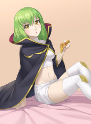 Rule 34 | 1girl, :o, blush, boots, breasts, c.c., cape, code geass, cristalavi, crop top, food, green hair, highres, holding, holding food, holding pizza, long hair, looking at viewer, medium breasts, midriff, pizza, shirt, shorts, sitting, solo, thigh boots, thighhighs, white footwear, white shirt, white shorts, yellow eyes