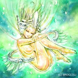Rule 34 | 1girl, :d, afloat, android, ass, barefoot, blonde hair, breasts, broccoli, bubble, cable, closed eyes, crown, dimension zero, feet, fetal position, floating, full body, hugging own legs, large breasts, legs, long hair, mechanical wings, no nipples, nude, open mouth, plantar flexion, robot ears, smile, solo, underwater, water, wings, yamashita shun&#039;ya