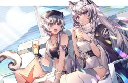Rule 34 | 2girls, animal ear fluff, animal ears, arknights, armband, bandeau, bare arms, bare shoulders, bead necklace, beads, belt, black belt, black cape, black gloves, braid, cabbie hat, cape, cliffheart (arknights), commentary request, coyucom, cup, drinking straw, gloves, grey eyes, hair between eyes, hands up, hat, head chain, holding, holding cup, jacket, jewelry, leopard ears, looking at another, multiple girls, necklace, open mouth, pramanix (arknights), short hair, siblings, silver hair, sisters, sitting, sleeveless, sleeveless jacket, strapless, thighhighs, tube top, twin braids, white headwear, white jacket, white legwear
