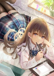 Rule 34 | 1girl, blue bow, blue skirt, blush, bow, bowtie, brown hair, brown thighhighs, collared shirt, computer, day, drawing tablet, hair over shoulder, hand on own face, highres, holding, holding stylus, ito lab, laptop, long hair, long sleeves, looking at viewer, lying, on stomach, original, plaid, plaid bow, plaid skirt, plant, purple eyes, school uniform, shirt, sidelocks, skirt, smile, smirk, solo, stylus, sunlight, thighhighs, uniform, white shirt, window, zettai ryouiki