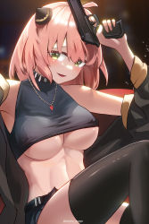 Rule 34 | 1girl, aged up, anya (spy x family), bare shoulders, black jacket, black shirt, black thighhighs, blush, breasts, commentary request, female focus, gun, hair ornament, handgun, highres, holding, holding gun, holding weapon, jacket, large breasts, looking at viewer, medium hair, midriff, mumu mago, off shoulder, parted lips, pink hair, pistol, revision, shirt, sleeveless, sleeveless shirt, solo, spy x family, stomach, thighhighs, thighs, underboob, weapon, yellow eyes