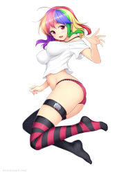 Rule 34 | 1girl, ahoge, asymmetrical legwear, atomix, blonde hair, blush, bouncing breasts, breasts, commission, from side, full body, green hair, highres, impossible clothes, impossible shirt, jumping, large breasts, looking at viewer, mismatched legwear, multicolored hair, navel, no shoes, open mouth, original, panties, pink eyes, pink hair, purple hair, rainbow hair, red hair, red panties, shirt, short hair, simple background, smile, solo, striped clothes, striped thighhighs, thigh strap, thighhighs, underwear, white background