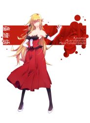 Rule 34 | 1girl, bare shoulders, black pantyhose, blonde hair, breasts, character name, cleavage, commentary request, corset, dress, elbow gloves, fur-trimmed dress, fur-trimmed gloves, fur trim, gloves, hair between eyes, high heels, highres, kiss-shot acerola-orion heart-under-blade, kizumonogatari, ks (minusks), large breasts, long hair, monogatari (series), oshino shinobu, pantyhose, pointy ears, red dress, solo, strapless, strapless dress, white footwear, white gloves, yellow eyes, zoom layer