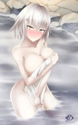 Rule 34 | &gt;:(, 1girl, @ @, ahoge, anger vein, angry, artist name, blush, breasts, cleavage, collarbone, contrapposto, covering privates, covering breasts, cowboy shot, fate/apocrypha, fate (series), full-face blush, highres, holding, holding towel, jeanne d&#039;arc (fate), jeanne d&#039;arc alter (avenger) (fate), jeanne d&#039;arc alter (fate), large breasts, looking at viewer, nude, nude cover, onsen, outdoors, pale skin, rock, short hair, silver hair, solo, standing, steam, tearing up, tears, thighs, towel, tsurime, v-shaped eyebrows, wading, water, water drop, wavy hair, wavy mouth, wet, wet hair, wet towel, yellow eyes, z.m. (zimin)