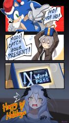 Rule 34 | 1boy, 2girls, 4koma, :o, @ @, ^^^, absurdres, arms up, black horns, black jacket, black necktie, box, collared shirt, comic, commentary, crossover, dreaming, english commentary, english text, fake beard, fake facial hair, furry, furry male, gift, gift box, girls&#039; frontline, gloves, green eyes, grey eyes, grey hair, grin, happy holidays, hat, highres, holding, holding gift, horns, jacket, kion-kun, long hair, m200 (girls&#039; frontline), motion lines, multiple girls, n-word pass, necktie, open mouth, pointing, santa hat, shirt, smile, sonic (series), sonic the hedgehog, tareus (girls&#039; frontline), twintails, twitter username, waking up, white gloves, white hair, white shirt, yellow eyes