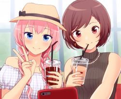 Rule 34 | 2girls, bare shoulders, bead necklace, beads, blue eyes, blush, braid, brown eyes, brown hair, bucket hat, cellphone, closed mouth, collarbone, cup, dress, drinking, drinking straw, hat, holding, holding cup, holding phone, indoors, jewelry, looking at viewer, megurine luka, meiko (vocaloid), multicolored nails, multiple girls, nail polish, necklace, nokuhashi, phone, pink hair, ribbed sweater, selfie, short hair, side braid, sleeveless, smartphone, smile, sweater, swept bangs, twin braids, vocaloid, white dress