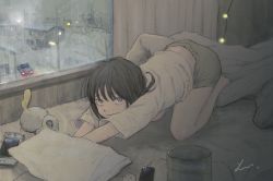 Rule 34 | 1girl, absurdres, bed, bedroom, black hair, car, cat stretch, grey eyes, highres, huge filesize, indoors, looking at viewer, motor vehicle, muted color, nintendo switch, original, pillow, shorts, snow, solo, stretching, stuffed toy, texture, user sjgw7532, window, winter