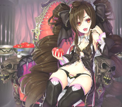 Rule 34 | 1girl, black hair, bow, bow panties, drill hair, fangs, flat chest, groin, hair bow, large bow, licking lips, long hair, navel, open mouth, original, panties, peragura, pink thighhighs, red eyes, salt, salt shaker, sitting, solo, thighhighs, throne, tomato, tongue, tongue out, twin drills, underwear, very long hair, white panties
