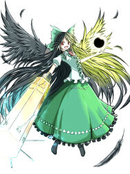 Rule 34 | 1girl, arm cannon, bird wings, black hair, black sun, black wings, bow, center frills, collared shirt, commentary request, control rod, feathers, flat chest, frilled shirt collar, frilled skirt, frills, full body, garakuta, green bow, green skirt, hair bow, long hair, looking at viewer, open mouth, puffy short sleeves, puffy sleeves, red eyes, reiuji utsuho, shirt, short sleeves, simple background, skirt, smile, solo, sun, third eye, touhou, very long hair, weapon, white background, white shirt, wings