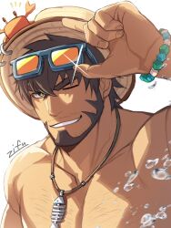 Rule 34 | 1boy, animal, bara, bead bracelet, beads, beard, blue bracelet, bracelet, brown hair, brown hat, chest hair, collarbone, crab, crab on head, crave saga, facial hair, green eyes, hat, highres, jewelry, joe (crave saga), long sideburns, looking at viewer, male focus, mustache, necklace, one eye closed, portrait, sideburns, signature, smile, solo, sparkle, sunglasses, teeth, topless male, water drop, zifu
