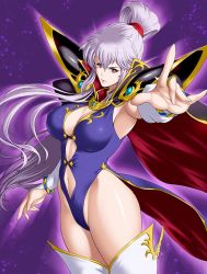 Rule 34 | 1girl, armor, boots, breasts, cape, cleavage, cleavage cutout, clothing cutout, earrings, elbow gloves, fire emblem, fire emblem: genealogy of the holy war, fire emblem heroes, gloves, ishtar (fire emblem), jewelry, large breasts, long hair, looking at viewer, navel, nintendo, one-piece swimsuit, pauldrons, ponytail, purple eyes, purple hair, rakusai (saisai garou), shoulder armor, solo, swimsuit, thigh boots, thighhighs, thighs, very long hair, wide hips
