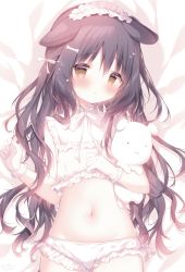 Rule 34 | 1girl, :o, animal ears, bed sheet, black hair, blush, bone hair ornament, bow, brown eyes, cartoon bone, commentary request, cowboy shot, dog ears, frilled shirt, frilled shorts, frills, gloves, hair between eyes, hair bow, hair ornament, highres, long hair, looking at viewer, lying, navel, hugging object, on back, original, parted lips, shiratama (shiratamaco), shirt, short shorts, shorts, sleeveless, sleeveless shirt, solo, stuffed animal, stuffed dog, stuffed toy, very long hair, white bow, white gloves, white shirt, white shorts