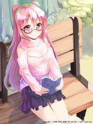 Rule 34 | 10s, 1girl, bare shoulders, bench, bespectacled, blush, book, breasts, center opening, cleavage, cleavage cutout, clothing cutout, dress, fujoshi, glasses, hacka doll, hacka doll 2, highres, large breasts, long hair, long sleeves, looking at viewer, manga (object), meme attire, miniskirt, open-chest sweater, open book, outdoors, park bench, pink eyes, pink hair, pleated skirt, reading, ribbed sweater, semi-rimless eyewear, shirt, sho (runatic moon), shoulder cutout, sitting, skirt, smile, solo, sweater, under-rim eyewear