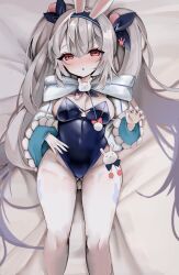 Rule 34 | 1girl, azur lane, blue leotard, breasts, cleavage, fake rabbit ears, grey hair, highres, laffey (azur lane), laffey ii (azur lane), leotard, long hair, medium breasts, playboy bunny, red eyes, solo, twintails, very long hair