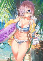 Rule 34 | 1girl, adapted costume, bare shoulders, beach, bikini, black-framed eyewear, blue bikini, blue eyes, blush, breasts, cleavage, collarbone, day, fate/grand order, fate (series), gluteal fold, hair over one eye, halterneck, highres, hood, hooded track jacket, hose, innertube, jacket, kawai (purplrpouni), large breasts, lifebuoy, lips, looking at viewer, mash kyrielight, mash kyrielight (senpai killer outfit), navel, official alternate costume, outdoors, palm leaf, palm tree, parted lips, plaid, plaid bikini, purple hair, rock, scrunchie, shiny skin, short hair, smile, solo, standing, stomach, swim ring, swimsuit, thigh gap, thighs, track jacket, tree, water, wrist scrunchie