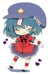 Rule 34 | 1girl, :p, bad id, bad pixiv id, beret, blue hair, chibi, closed eyes, female focus, flower, hair flower, hair ornament, haru (kyou), hat, heart, jiangshi, miyako yoshika, ofuda, outstretched arms, shirt, simple background, skirt, smile, solo, tongue, tongue out, touhou