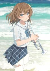 Rule 34 | 1girl, absurdres, beach, blue bow, blue eyes, blue skirt, blurry, blurry background, blush, bow, bowtie, brown hair, collarbone, commentary request, cowboy shot, day, depth of field, hechima (issindotai), highres, holding, holding instrument, instrument, looking at viewer, medium hair, ocean, original, patterned clothing, pleated skirt, sailor, sailor collar, sand, see-through, see-through sleeves, shirt, short sleeves, skirt, smile, solo, sunlight, trumpet, walking, white sailor collar, white shirt
