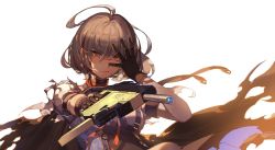 Rule 34 | 1girl, ahoge, black gloves, cape, closed mouth, girls&#039; frontline, gloves, gun, hair between eyes, hand on own face, holding, holding gun, holding weapon, looking at viewer, orangesekaii, short hair, short sleeves, silver hair, simple background, solo, submachine gun, torn cape, torn clothes, tsurime, upper body, vector (girls&#039; frontline), weapon, white background, yellow eyes