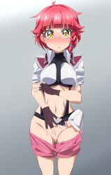 Rule 34 | 1girl, absurdres, bar censor, blush, braid, brown gloves, censored, commission, cross ange, fingerless gloves, gloves, grey background, groin, highres, looking at viewer, navel, oimanji, pink shorts, pussy, red hair, shorts, side braid, simple background, skeb commission, solo, vivian (cross ange), yellow eyes