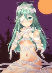 Rule 34 | 1girl, alternate costume, bandage over one eye, bandages, black ribbon, breasts, commentary request, full moon, green eyes, green hair, hair between eyes, hair ornament, hair ribbon, hairclip, kantai collection, long hair, looking at viewer, mae (maesanpicture), moon, mummy, parted bangs, ponytail, purple sky, ribbon, sidelocks, silhouette, sitting, sky, small breasts, solo, wariza, yamakaze (kancolle)