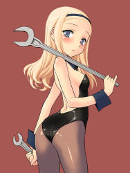 Rule 34 | 10s, 1girl, aleksandra i. pokryshkin, ass, bare back, bare shoulders, blonde hair, blue eyes, blush, brave witches, brown pantyhose, from behind, hairband, leotard, long hair, looking back, miritsu, mirutsu (milts), pantyhose, solo, strike witches, world witches series, wrench, wrist cuffs