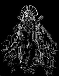 Rule 34 | black background, building, concept art, d-reaper, digimon, digimon tamers, full body, mask, monochrome, mother d-reaper, official art, simple background, solo, tentacles