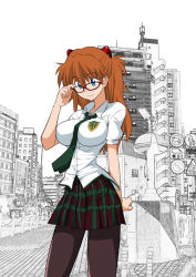 Rule 34 | 1girl, alternate breast size, bespectacled, between breasts, blue eyes, breasts, brown hair, cosplay, cowboy shot, crest, evangelion: 2.0 you can (not) advance, glasses, hair pulled back, hairpods, hetano yokoduki, impossible clothes, impossible shirt, interface headset, large breasts, long hair, makinami mari illustrious, makinami mari illustrious (cosplay), necktie, necktie between breasts, neon genesis evangelion, pantyhose, plaid, plaid skirt, pleated skirt, rebuild of evangelion, red-framed eyewear, school uniform, shirt, skirt, solo, souryuu asuka langley, standing