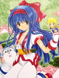 Rule 34 | 1girl, ainu clothes, armor, between breasts, blonde hair, blue hair, breasts, brown eyes, cleavage, dog, fingerless gloves, galford d weller, gloves, hair ribbon, highres, japanese clothes, legs, long hair, nakoruru, ninja, open mouth, pants, pointy hair, poppy, ribbon, samurai spirits, scarf, small breasts, smile, snk, thighs, traditional media