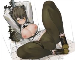 Rule 34 | 1girl, animal ears, animal hands, arknights, arms up, artist name, black gloves, black ribbon, blush, breasts, breasts out, brown footwear, brown hair, brown leggings, closed mouth, cokuto1, collared shirt, commentary, cross-laced footwear, cross tie, crotch seam, cuffs, ear piercing, full body, gloves, hair between eyes, handcuffs, knees apart feet together, large breasts, leggings, long hair, long sleeves, looking at viewer, midriff, multicolored hair, neck ribbon, nipples, open clothes, open shirt, piercing, pole, polka dot, raccoon ears, raccoon girl, restrained, ribbon, robin (arknights), shirt, shoes, signature, simple background, solo, spread legs, sweatdrop, two-tone hair, unmoving pattern, white background, white hair, white shirt, wing collar, yellow eyes