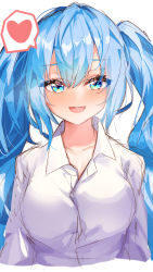 Rule 34 | 1girl, absurdres, bad id, bad pixiv id, blue eyes, blue hair, blush, breasts, commentary, drunk, hatsune miku, heart, highres, long hair, looking at viewer, medium breasts, mikaduki 3636, shirt, sketch, solo, spoken heart, twintails, upper body, very long hair, vocaloid, white background, white shirt