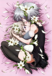 Rule 34 | 1girl, absurdres, bare shoulders, black dress, black thighhighs, blush, button eyes, buttons, dress, flower, green eyes, grey hair, hair flower, hair ornament, highres, lily (flower), lying, masano fusako, official art, on side, sanya v. litvyak, shiny skin, short hair, solo, strike witches, stuffed toy, thighhighs, world witches series