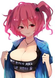 Rule 34 | 1girl, alternate costume, blue jacket, breasts, chiroru (cheese-roll), cleavage, closed mouth, clothes writing, crop top, cross, cross necklace, fang, fang out, hair between eyes, hair ornament, highres, jacket, jewelry, large breasts, looking at viewer, necklace, onozuka komachi, pink hair, red eyes, simple background, skull hair ornament, smile, solo, touhou, two side up, upper body, white background