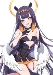 Rule 34 | 1girl, absurdres, bare shoulders, black dress, black gloves, blush, breasts, detached sleeves, dress, foxyreine, fur collar, gloves, halo, highres, hololive, hololive english, long hair, looking at viewer, low wings, mole, mole under eye, ninomae ina&#039;nis, ninomae ina&#039;nis (1st costume), open mouth, purple eyes, purple hair, sidelocks, simple background, single detached sleeve, small breasts, smile, strapless, strapless dress, tentacle hair, thighs, virtual youtuber, white background, wings
