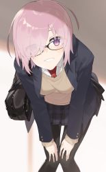 Rule 34 | 1girl, alternate costume, black-framed eyewear, black pantyhose, black skirt, blazer, blush, collared shirt, eyes visible through hair, fate/grand order, fate (series), hair over one eye, hands on own knees, hayashi kewi, jacket, leaning forward, light purple hair, looking at viewer, mash kyrielight, necktie, open clothes, open jacket, pantyhose, parted lips, pleated skirt, purple eyes, purple hair, red necktie, school uniform, shirt, short hair, skirt, smile, solo, sweater, white shirt