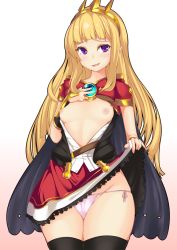 Rule 34 | 10s, 1girl, black thighhighs, blonde hair, blush, breasts, breasts out, cagliostro (granblue fantasy), cape, clothes lift, cowboy shot, crown, curvy, dress, dress lift, granblue fantasy, i oka lov, lifting own clothes, long hair, looking at viewer, nipples, open clothes, open mouth, panties, pink panties, purple eyes, side-tie panties, simple background, small breasts, smile, solo, standing, thighhighs, underwear, wide hips