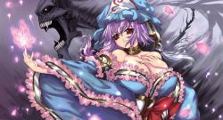 Rule 34 | 1girl, bare shoulders, breasts, bug, butterfly, chaotic-unknown, cleavage, collar, detached sleeves, female focus, hat, huge breasts, bug, japanese clothes, juuni chacha, monster, pink hair, red eyes, saigyouji yuyuko, skeleton, solo, touhou